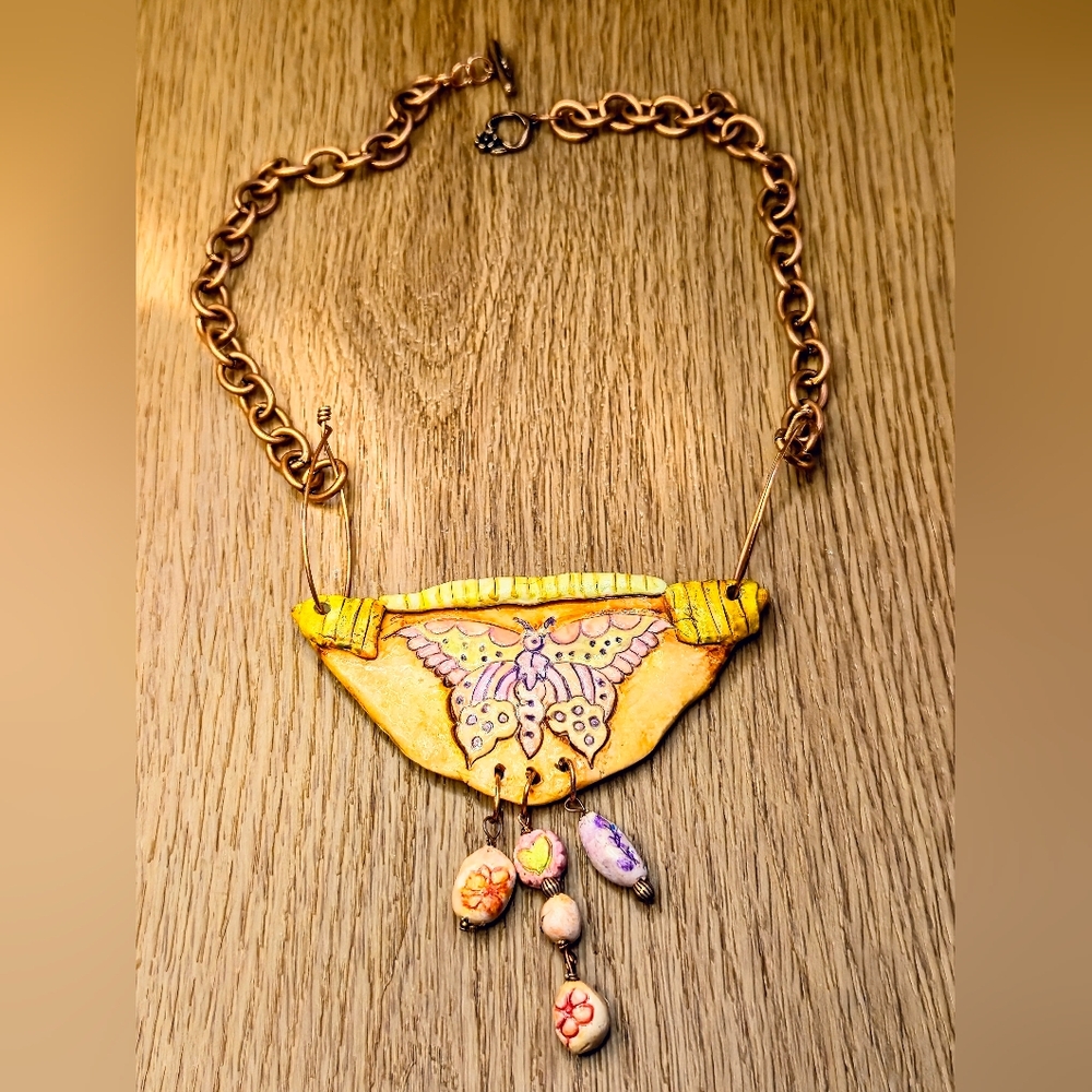 Primitive Cave Rustic Earth Colored Butterfly Pendant & Beads In Clay Necklace - Picture 4 of 9